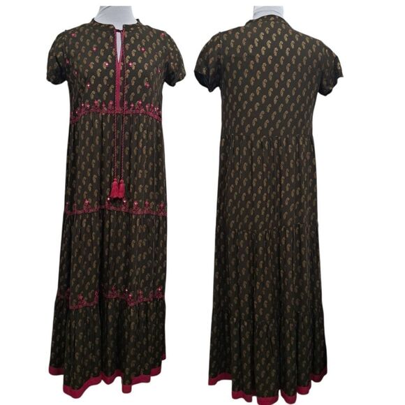 Fusion Printed Cultural Boho Tiered Paisley Midi Dress Olive/Pink Medium NWT - Picture 3 of 14